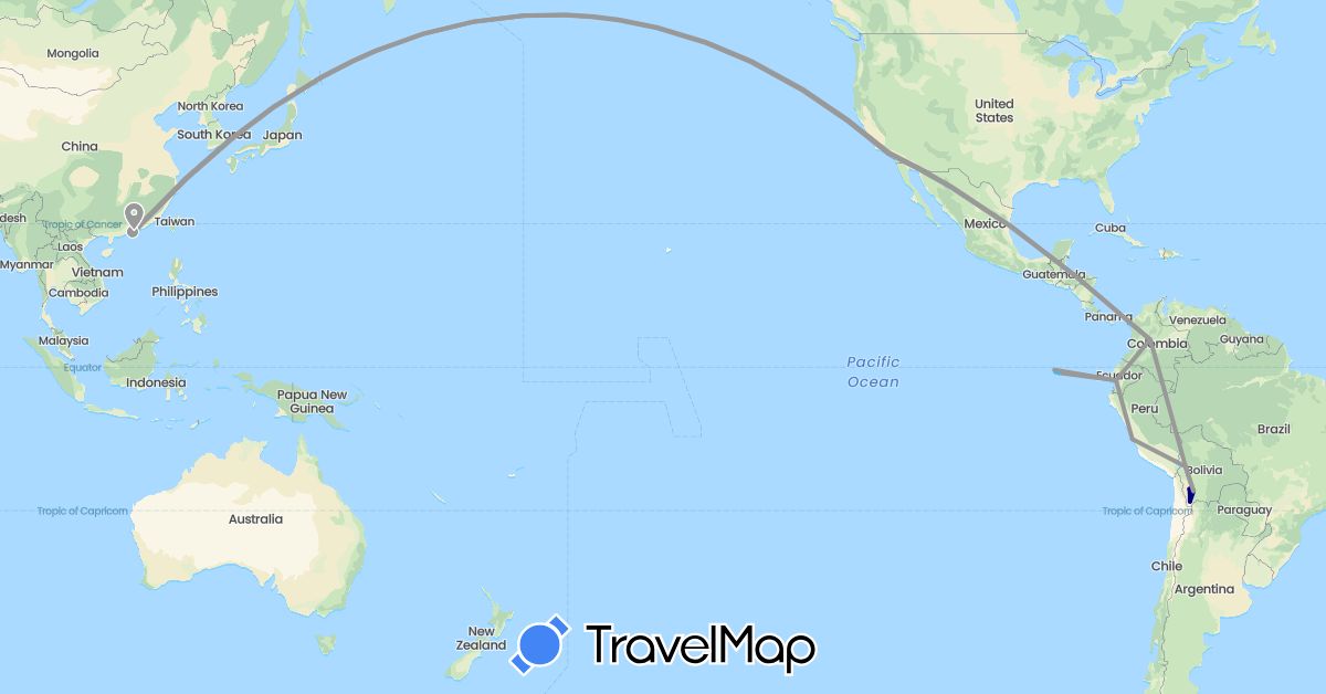 TravelMap itinerary: driving, plane, boat in Bolivia, China, Colombia, Ecuador, Peru, United States (Asia, North America, South America)